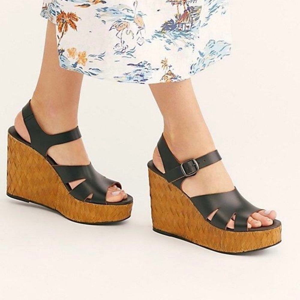 Free People Black Sunflower Wedge Sandals Leather Woven Platform Boho Size 9